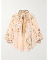 CAMILLA - Crystal-Embellished Pussy-Bow Floral-Print Silk-Blend Jacquard Blouse - Lyst