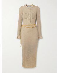 Self-Portrait - Belted Ruffled Metallic Ribbed-Knit Midi Dress - Lyst