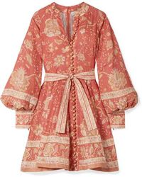 Zimmermann Belted Printed Linen Mini Dress - Red