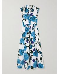 Erdem - Midikleid Aus Baumwollpopeline Mit Blumenprint, Raffungen Und Rüschen - Lyst