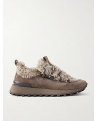 Brunello Cucinelli - Bead-Embellished Shearling-Trimmed Suede Sneakers - Lyst