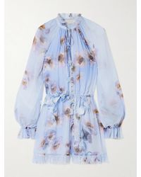 Zimmermann - Belted Ruffled Floral-Print Crepe Playsuit - Lyst