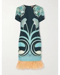 La DoubleJ - Swing Printed Feather-Trimmed Silk-Twill Mini Dress - Lyst