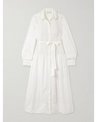 Ulla Johnson - Ariane Belted Crocheted-Trimmed Cotton-Poplin Midi Dress - Lyst
