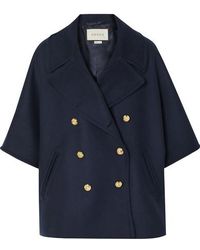 Gucci Doppelreihiger Mantel Aus Einer Gefilzten Wollmischung Mit Cape-effekt - Blau