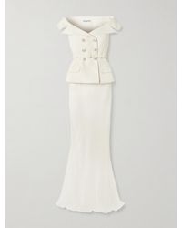 Self-Portrait - Off-The-Shoulder Belted Metallic Bouclé And Crepe Maxi Dress - Lyst