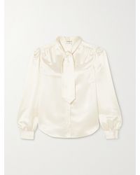 Saint Laurent - Cropped Pussy-Bow Silk-Charmeuse Blouse - Lyst
