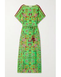 Tory Burch Belted Printed Cotton And Silk-blend Kaftan - Green