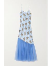 Rodarte Asymmetric Tulle-trimmed Printed Silk-satin Midi Dress - Blue