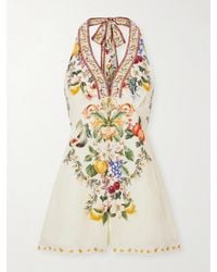 CAMILLA - Embellished Floral-Print Linen Playsuit - Lyst