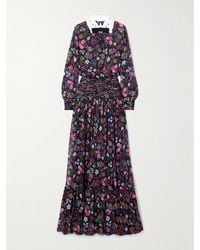 Valentino Garavani - Broderie Anglaise-Trimmed Smocked Floral-Print Silk-Georgette Maxi Dress - Lyst