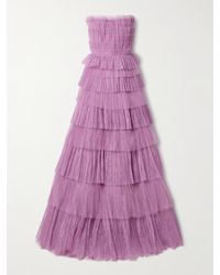 Costarellos - Robe Du Soir Bustier En Tulle Plissé Et En Dentelle De Chantilly À Volants Trissa - Lyst
