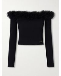 Gucci - Off-The-Shoulder Leather-Trimmed Knitted Blouse - Lyst