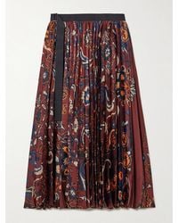 Sacai - Belted Grosgrain-Trimmed Pleated Floral-Print Satin Midi Skirt - Lyst