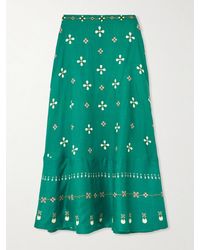 Agua Bendita - Bel Mar Esmeralda Paneled Embroidered Printed Linen Maxi Skirt - Lyst