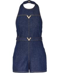 Valentino Embellished Denim Halterneck Playsuit - Blue