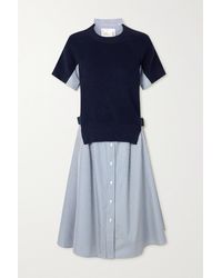 Sacai Belted Panelled Striped Cotton-poplin And Cotton-blend Dress - Blue