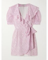Alessandra Rich - Ruffled Floral-Print Silk-Georgette Mini Wrap Dress - Lyst