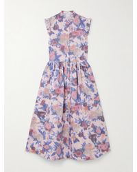 Erdem - Robe Midi En Popeline De Coton À Imprimé Fleuri, Fronces Et Volants - Lyst