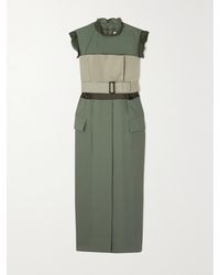 Sacai - Belted Paneled Chiffon-Trimmed Woven Midi Dress - Lyst