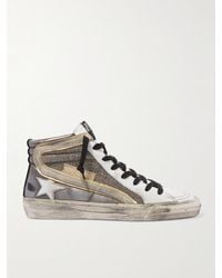 Golden Goose - Slide Distressed Suede-Trimmed Leather And Lurex High-Top Sneakers - Lyst