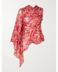 Dries Van Noten - One-Sleeve Ruched Floral-Print Silk-Chiffon Top - Lyst