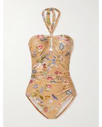 Zimmermann - Patience Ruched Floral-Print Halterneck Swimsuit - Lyst