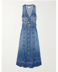 Ganni - Belted Frayed Denim Midi Dress - Lyst