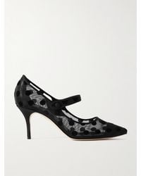 Manolo Blahnik - Campari 70 Grosgrain-Trimmed Flocked Mesh Mary Jane Pumps - Lyst