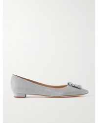 Manolo Blahnik - Hangisi Crystal-Embellished Glittered Satin Point-Toe Flats - Lyst