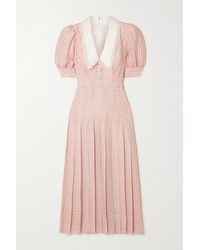 Alessandra Rich Lace-trimmed Pleated Houndstooth Silk Midi Dress - Pink