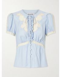 Self-Portrait - Ruffled Lace-Trimmed Satin Blouse - Lyst