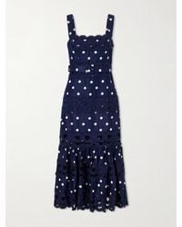Self-Portrait - Belted Polka-Dot Linen And Cotton-Blend Midi Dress - Lyst