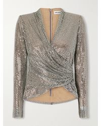 Self-Portrait - Crystal-Embellished Gathered Mesh Blouse - Lyst