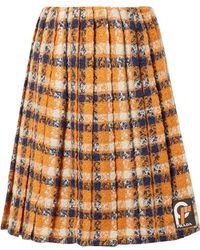 Prada Karierter Rock Aus Woll-tweed Mit Falten - Orange