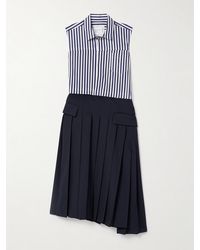 Sacai - Striped Asymmetric Pleated Cotton-Poplin And Woven Midi Dress - Lyst