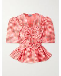 Ganni - Bow-Detailed Gingham Crinkled-Taffeta Peplum Blouse - Lyst