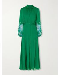 Saloni - Jacqui D Belted Flower-Printed Silk-Chiffon Midi Dress - Lyst