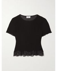 Saint Laurent - Cropped Lace-Trimmed Ribbed Silk Top - Lyst