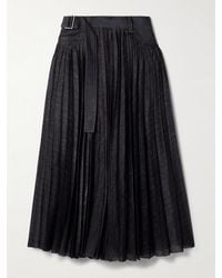 Sacai - Denim-Trimmed Pleated Printed Crepe De Chine Midi Wrap Skirt - Lyst