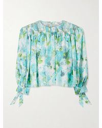 Chloé - Cropped Smocked Floral-Print Silk-Jacquard Blouse - Lyst