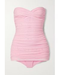 Norma Kamali Walter Mio Strapless Underwired Gathered Mesh Swimsuit - Pink