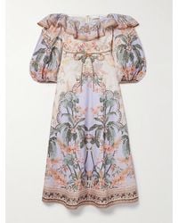 Zimmermann - Wylie Schulterfreies Midikleid Aus Leinen Mit Blumenprint Und Bindegürtel - Lyst