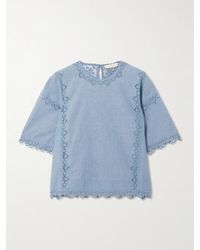Ulla Johnson - Kai Bluse Aus Baumwoll-Chambray Mit Tüll-Einsätzen Und Stickereien - Lyst