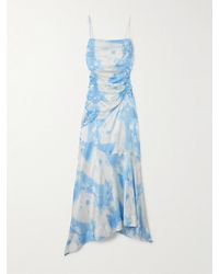 Ganni - Asymmetrisches Midikleid Aus Recycelten Satin Mit Print Und Raffungen - Lyst