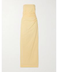 BERNADETTE - Vera Strapless Ruched Striped Cotton-Seersucker Maxi Dress - Lyst
