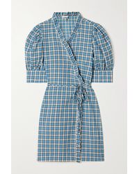 Ganni Checked Organic Cotton-blend Seersucker Mini Wrap Dress - Blue