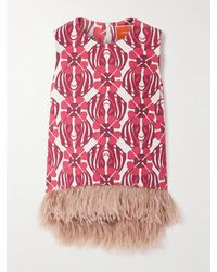 La DoubleJ - Icon La Scala Feather-Trimmed Printed Stretch-Cotton Tweed Top - Lyst