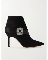 Manolo Blahnik - Plinianu 90 Crystal-Embellished Satin-Trimmed Suede Ankle Boots - Lyst