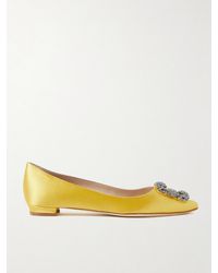 Manolo Blahnik - Hangisi Crystal-Embellished Satin Point-Toe Flats - Lyst